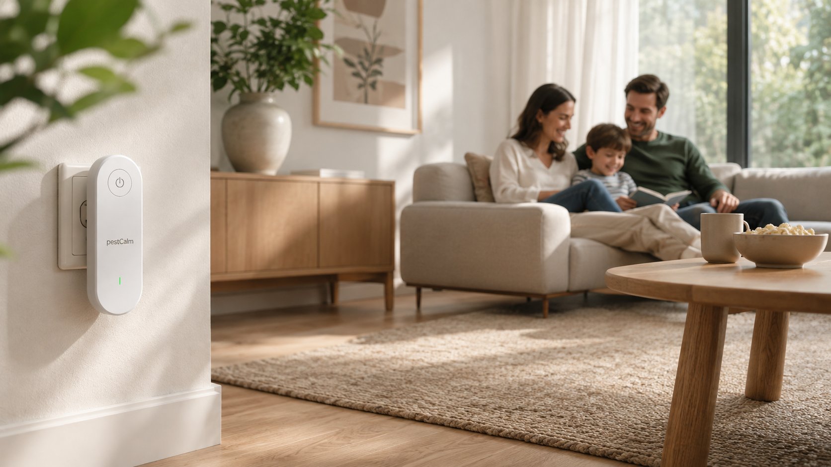Family relaxing with a PestCalm device plugged in nearby