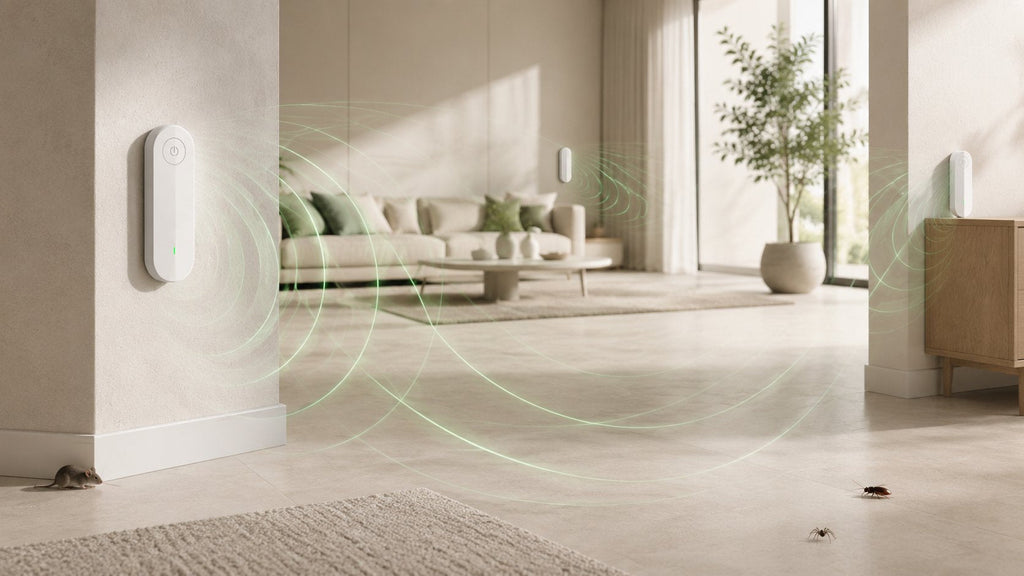 Three PestCalm devices covering a living room