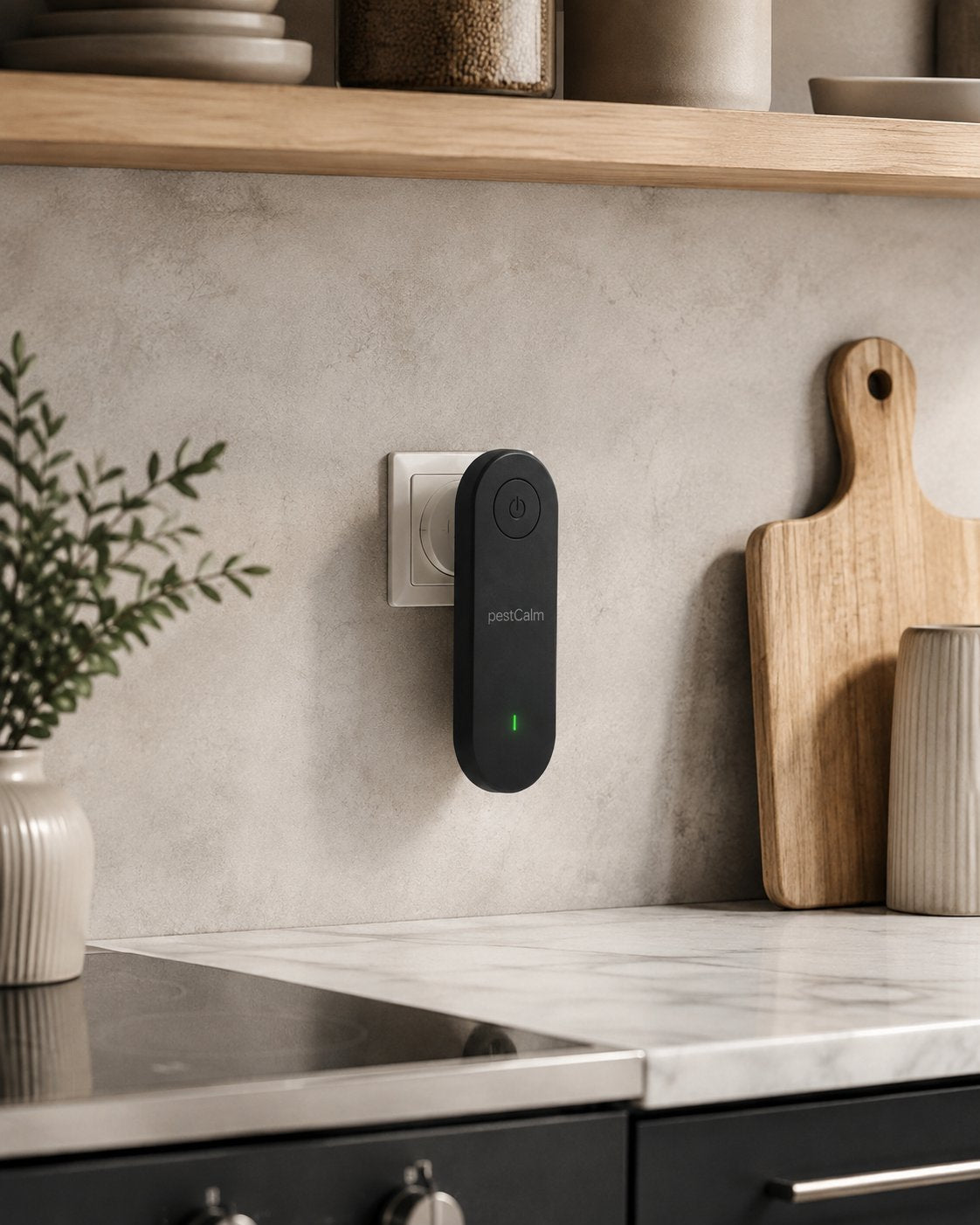 Black PestCalm device plugged in above a kitchen counter