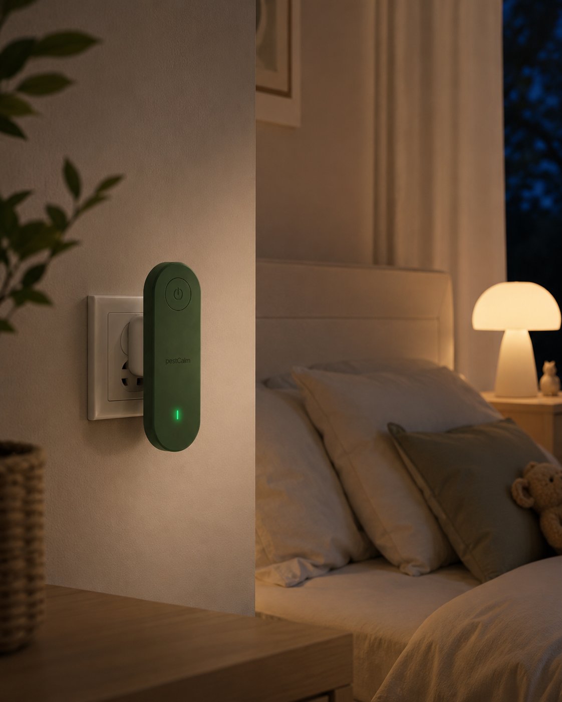 Quiet bedroom at night with a green PestCalm in the outlet